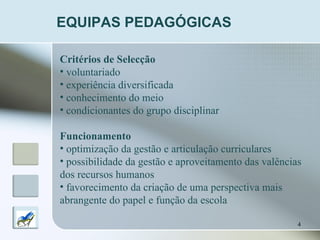 EQUIPAS PEDAGÓGICAS Critérios de Selecção voluntariado experiência diversificada conhecimento do meio condicionantes do grupo disciplinar Funcionamento optimização da gestão e articulação curriculares possibilidade da gestão e aproveitamento das valências  dos recursos humanos favorecimento da criação de uma perspectiva mais  abrangente do papel e função da escola  