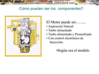 El Motor puede ser……..
• Aspiración Natural
• Turbo alimentado
• Turbo alimentado y Postenfriado
• Con control electrónico de
Inyección.
•Según sea el modelo
Cómo pueden ser los componentes?
 