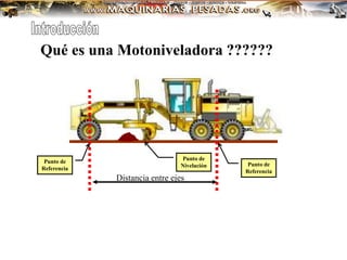 Qué es una Motoniveladora ??????
Distancia entre ejes
Punto de
Referencia
Punto de
Referencia
Punto de
Nivelación
 