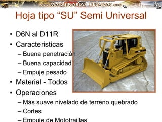 Hoja tipo “SU” Semi Universal
• D6N al D11R
• Caracteristicas
– Buena penetración
– Buena capacidad
– Empuje pesado
• Material - Todos
• Operaciones
– Más suave nivelado de terreno quebrado
– Cortes
 