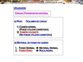 UTILIZACIÓN
CARGAR,TRANSPORTARMATERIAL
A)PESO （VOLUMENDECARGA）
1)CAMIÓNNORMAL
(PUEDEUTILIZARCARRETERA)
2) CAMIÓNVOLQUETE
(NOPUEDEUTILIZARCARRETERA)
B)MATERIALDEFONDODECAMION
1. FONDONORMAL  MATERIALNORMAL
2. FONDODURO  ROCA,PIEDRA.
 