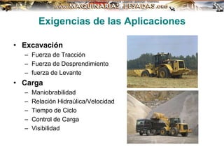 Exigencias de las Aplicaciones
• Excavación
– Fuerza de Tracción
– Fuerza de Desprendimiento
– fuerza de Levante
• Carga
– Maniobrabilidad
– Relación Hidraúlica/Velocidad
– Tiempo de Ciclo
– Control de Carga
– Visibilidad
 