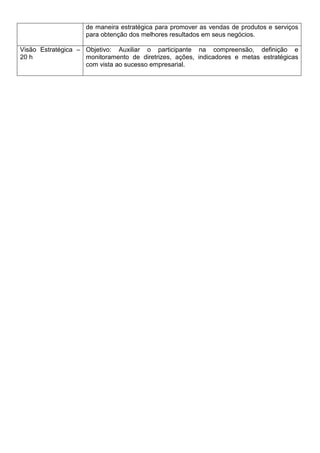 de maneira estratégica para promover as vendas de produtos e serviços
                    para obtenção dos melhores resultados em seus negócios.

Visão Estratégica – Objetivo: Auxiliar o participante na compreensão, definição e
20 h                monitoramento de diretrizes, ações, indicadores e metas estratégicas
                    com vista ao sucesso empresarial.
 