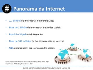 • 2,7 bilhões de internautas no mundo (2013)
• Mais de 1 bilhão de internautas nas redes sociais
• Brasil é o 3º país em internautas
• Mais de 105 milhões de brasileiros estão na internet
• 98% do brasileiros acessam as redes sociais
Fontes: ITU/Forrester/Internet World Stats/Brian Solis – 2012, CGI.br 2013
Ibope/media; PNUD 2013/Revista Exame 2013
Panorama da Internet
SAC 2.0 – CONSTRUINDO UM NOVO ATENDIMENTO NA WEB - ALYNNE CID
 