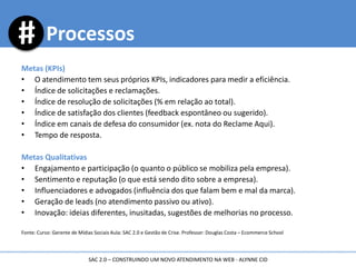 Metas (KPIs)
• O atendimento tem seus próprios KPIs, indicadores para medir a eficiência.
• Índice de solicitações e reclamações.
• Índice de resolução de solicitações (% em relação ao total).
• Índice de satisfação dos clientes (feedback espontâneo ou sugerido).
• Índice em canais de defesa do consumidor (ex. nota do Reclame Aqui).
• Tempo de resposta.
Metas Qualitativas
• Engajamento e participação (o quanto o público se mobiliza pela empresa).
• Sentimento e reputação (o que está sendo dito sobre a empresa).
• Influenciadores e advogados (influência dos que falam bem e mal da marca).
• Geração de leads (no atendimento passivo ou ativo).
• Inovação: ideias diferentes, inusitadas, sugestões de melhorias no processo.
Fonte: Curso: Gerente de Mídias Sociais Aula: SAC 2.0 e Gestão de Crise. Professor: Douglas Costa – Ecommerce School
Processos
SAC 2.0 – CONSTRUINDO UM NOVO ATENDIMENTO NA WEB - ALYNNE CID
 