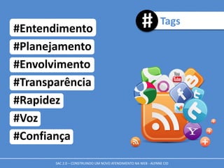 Tags
#Entendimento
#Planejamento
#Envolvimento
#Transparência
#Rapidez
#Voz
#Confiança
SAC 2.0 – CONSTRUINDO UM NOVO ATENDIMENTO NA WEB - ALYNNE CID
 