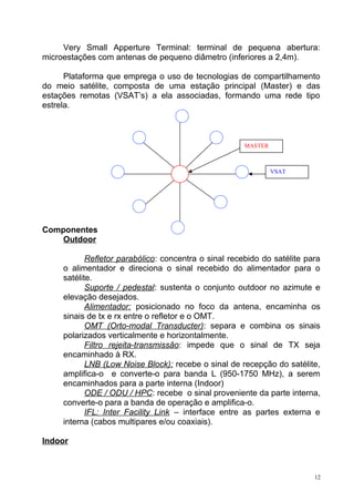 Very Small Apperture Terminal: terminal de pequena abertura:
microestações com antenas de pequeno diâmetro (inferiores a 2,4m).
Plataforma que emprega o uso de tecnologias de compartilhamento
do meio satélite, composta de uma estação principal (Master) e das
estações remotas (VSAT’s) a ela associadas, formando uma rede tipo
estrela.
Componentes
Outdoor
Refletor parabólico: concentra o sinal recebido do satélite para
o alimentador e direciona o sinal recebido do alimentador para o
satélite.
Suporte / pedestal: sustenta o conjunto outdoor no azimute e
elevação desejados.
Alimentador: posicionado no foco da antena, encaminha os
sinais de tx e rx entre o refletor e o OMT.
OMT (Orto-modal Transducter): separa e combina os sinais
polarizados verticalmente e horizontalmente.
Filtro rejeita-transmissão: impede que o sinal de TX seja
encaminhado à RX.
LNB (Low Noise Block): recebe o sinal de recepção do satélite,
amplifica-o e converte-o para banda L (950-1750 MHz), a serem
encaminhados para a parte interna (Indoor)
ODE / ODU / HPC: recebe o sinal proveniente da parte interna,
converte-o para a banda de operação e amplifica-o.
IFL: Inter Facility Link – interface entre as partes externa e
interna (cabos multipares e/ou coaxiais).
Indoor
12
MASTER
VSAT
 