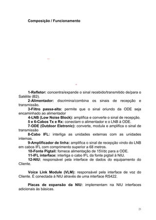 Composição / Funcionamento
1-Refletor: concentra/expande o sinal recebido/transmitido de/para o
Satélite (B2).
2-Alimentador: discrimina/combina os sinais de recepção e
transmissão.
3-Filtro passa-alta: permite que o sinal oriundo da ODE seja
encaminhado ao alimentador
4-LNB (Low Noise Block): amplifica e converte o sinal de recepção.
5 e 6-Cabos Tx e Rx: conectam o alimentador e o LNB à ODE.
7-ODE (Outdoor Eletronic): converte, modula e amplifica o sinal de
transmissão
8-Cabo IFL: interliga as unidades externas com as unidades
internas.
9-Amplificador de linha: amplifica o sinal de recepção vindo do LNB
em cabos IFL com comprimento superior a 68 metros.
10-Fonte Pigtail: fornece alimentação de 15Vdc para a ODE.
11-IFL interface: interliga o cabo IFL da fonte pigtail à NIU.
12-NIU: responsável pela interface de dados do equipamento do
Cliente.
Voice Link Module (VLM): responsável pela interface de voz do
Cliente. É conectada à NIU através de uma interface RS422.
Placas de expansão da NIU: implementam na NIU interfaces
adicionais às básicas.
21
9
11
 