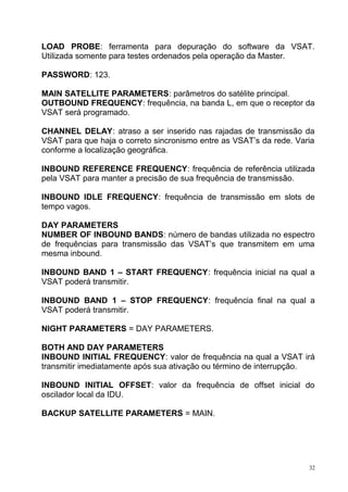 LOAD PROBE: ferramenta para depuração do software da VSAT.
Utilizada somente para testes ordenados pela operação da Master.
PASSWORD: 123.
MAIN SATELLITE PARAMETERS: parâmetros do satélite principal.
OUTBOUND FREQUENCY: frequência, na banda L, em que o receptor da
VSAT será programado.
CHANNEL DELAY: atraso a ser inserido nas rajadas de transmissão da
VSAT para que haja o correto sincronismo entre as VSAT’s da rede. Varia
conforme a localização geográfica.
INBOUND REFERENCE FREQUENCY: frequência de referência utilizada
pela VSAT para manter a precisão de sua frequência de transmissão.
INBOUND IDLE FREQUENCY: frequência de transmissão em slots de
tempo vagos.
DAY PARAMETERS
NUMBER OF INBOUND BANDS: número de bandas utilizada no espectro
de frequências para transmissão das VSAT’s que transmitem em uma
mesma inbound.
INBOUND BAND 1 – START FREQUENCY: frequência inicial na qual a
VSAT poderá transmitir.
INBOUND BAND 1 – STOP FREQUENCY: frequência final na qual a
VSAT poderá transmitir.
NIGHT PARAMETERS = DAY PARAMETERS.
BOTH AND DAY PARAMETERS
INBOUND INITIAL FREQUENCY: valor de frequência na qual a VSAT irá
transmitir imediatamente após sua ativação ou término de interrupção.
INBOUND INITIAL OFFSET: valor da frequência de offset inicial do
oscilador local da IDU.
BACKUP SATELLITE PARAMETERS = MAIN.
32
 