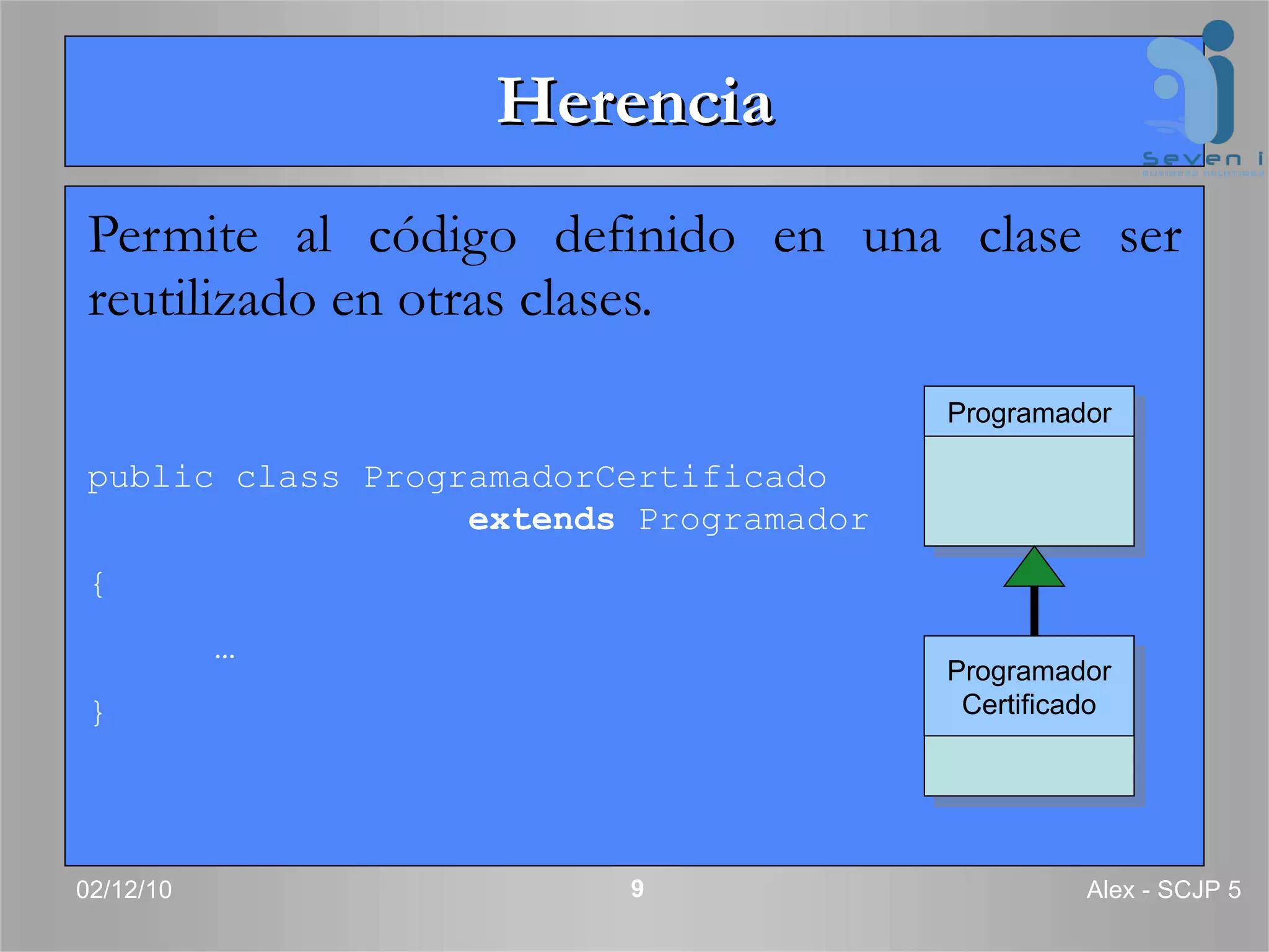 Herencia Permite al código definido en una clase ser reutilizado en otras clases.  02/12/10 Alex - SCJP 5 Programador Programador Certificado public class ProgramadorCertificado    extends  Programador { … } 