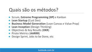 Quais são os métodos?
luiztools.com.br
● Scrum, Extreme Programming (XP) e Kanban
● Lean Startup (Cust Dev)
● Business Model Generation (Lean Canvas e Value Prop)
● Lean Inception (Design Thinking)
● Objectives & Key Results (OKR)
● Pirate Metrics (AARRR)
● Design Sprint, Jobs to be Done, etc
 