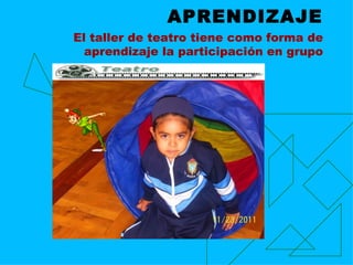 APRENDIZAJE
El taller de teatro tiene como forma de
aprendizaje la participación en grupo
PSICOMOTRI
CIDAD