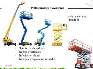 DETECCIÓN DE UNA NECESIDAD
20:42:24
Los siguientes puntos se pueden prever antes de la visita al cliente
investigando por internet o por conocidos la actividad de la
empresa y sus objetivos.
• Maquinaria
◦ Carretilla elevadoras
◦ Retroexcavadora
◦ Dumper
◦ Camión con grúa autocargante
◦ Puente grúa
◦ Plataforma elevadoras
◦ Trabajos verticales
◦ Trabajos en altura
◦ Trabajo en espacios confinados
 