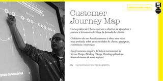 Customer
Journey Map
3h CAPACITAÇÃO NA FERRAMENTA
Curso prático de 3 horas que tem o objetivo de apresentar e
praticar a ferramenta de Mapa da Jornada do Cliente.
O objetivo do uso desta ferramenta é obter uma visão
mais profunda sobre as necessidades do cliente, percepção,
experiência e motivação.
Essa ferramenta compõe o kit básico instrumental do
Service Design Thinking (Design Thinking aplicado ao
desenvolvimento de novos serviços).
innovation tools