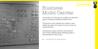 Business
Model Canvas
3h CAPACITAÇÃO NA FERRAMENTA
Curso prático de 3 horas que tem o objetivo de apresentar e
praticar a ferramenta de Business Model Canvas.
A ferramenta é muito indicada para visualizar e testar
modelos de negócios de startups e/ou novos serviços ou
empreendimentos.
Essa ferramenta compõe o kit básico instrumental do
Service Design Thinking (Design Thinking aplicado ao
desenvolvimento de novos serviços).
innovation tools