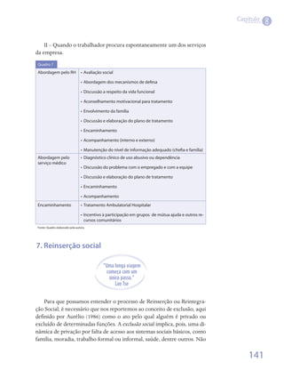 Capítulo
                                                                                                                 8

    II	–	Quando	o	trabalhador	procura	espontaneamente	um	dos	serviços	
da	empresa.
 Quadro 7

 Abordagem pelo RH                •	 Avaliação social

                                  •	 Abordagem dos mecanismos de defesa

                                  •	 Discussão a respeito da vida funcional

                                  •	 Aconselhamento motivacional para tratamento

                                  •	 Envolvimento da família

                                  •	 Discussão e elaboração do plano de tratamento

                                  •	 Encaminhamento

                                  •	 Acompanhamento (interno e externo)

                                  •	 Manutenção do nível de informação adequado (chefia e família)
 Abordagem pelo                   •	 Diagnóstico clínico de uso abusivo ou dependência
 serviço médico
                                  •	 Discussão do problema com o empregado e com a equipe

                                  •	 Discussão e elaboração do plano de tratamento

                                  •	 Encaminhamento

                                  •	 Acompanhamento
 Encaminhamento                   •	 Tratamento Ambulatorial Hospitalar

                                  •	 Incentivo à participação em grupos de mútua ajuda e outros re-
                                     cursos comunitários
 Fonte: Quadro elaborado pela autora.




7. Reinserção social

                                               “Uma longa viagem
                                                 começa com um
                                                  único passo.”
                                                     Lao Tse


     Para	que	possamos	entender	o	processo	de	Reinserção	ou	Reintegra-
ção	Social,	é	necessário	que	nos	reportemos	ao	conceito	de	exclusão,	aqui	
definido	 por	 Aurélio	 (1986)	 como	 o	 ato	 pelo	 qual	 alguém	 é	 privado	 ou	
   	
excluído	de	determinadas	funções.	A	exclusão social	implica,	pois,	uma	di-
nâmica	de	privação	por	falta	de	acesso	aos	sistemas	sociais	básicos,	como	
família,	moradia,	trabalho	formal	ou	informal,	saúde,	dentre	outros.	Não	

                                                                                                          141
 