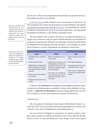 DROGAS: CLASSIFICAÇÃO E EFEITOS NO ORGANISMO




                              pica de uso e abuso mais amplamente disseminados em grande número e
                              diversidade de países na atualidade.
                                  A fermentação produz bebidas com concentração de álcool de até
 Processo anaeróbico de
                              10% (proporção do volume de álcool puro no total da bebida). São obtidas
 transformação de uma         concentrações maiores por meio de destilação. Em doses baixas, o álcool
 substancia em outra, pro-    é utilizado, sobretudo, por causa de sua ação euforizante e da capacidade
 duzida a partir de micro-
 organismos, tais como        de diminuir as inibições, o que facilita a interação social.
 bactérias e fungos, cha-
 mados nesses casos de            Há uma relação entre os efeitos do álcool e os níveis da substância no
 fermentos.                   sangue, que variam em razão do tipo de bebida utilizada, da velocidade do
                              consumo, da presença de alimentos no estômago e de possíveis alterações
                              no metabolismo da droga por diversas situações – por exemplo, na insufi-
                              ciência hepática, em que a degradação da substância é mais lenta.

 Processo em que se va-                                     Níveis de álcool no sangue
 poriza uma substância lí-                Baixo                          Médio                            Alto
 quida e, em seguida, con-
 densam-se os vapores          •	 Desinibição do comporta- •	 Maior incoordenação mo- •	 Podem surgir náuseas e vô-
 resultantes, para se obter       mento.                      tora (ataxia).             mitos.
 de novo um líquido, geral-
                               •	 Diminuição da crítica.        •	 A fala torna-se pastosa, há •	 Visão dupla (diplopia).
 mente mais puro.
                                                                   dificuldades de marcha e
                               •	 Hilariedade e instabilidade      aumento importante do •	 Acentuação da ataxia e da
                                  afetiva (a pessoa ri ou chora    tempo de resposta (refle-      sonolência (até o coma).
                                  por motivos pouco signifi-       xos mais lentos).
                                  cativos).                                                    •	 Pode ocorrer hipotermia
                                                                •	 Aumento da sonolência,         e morte por parada respi-
                               •	 Certo grau de incoordena-        com prejuízo das capaci-       ratória.
                                  ção motora.                      dades de raciocínio e con-
                                                                   centração.
                               •	 Prejuízo das funções sen-
                                  soriais.

                                  O álcool induz tolerância (necessidade de quantidades progressivamen-
                              te maiores da substância para se produzir o mesmo efeito desejado ou into-
                              xicação) e síndrome de abstinência (sintomas desagradáveis que ocorrem
                              com a redução ou com a interrupção do consumo da substância).

                              • Barbitúricos

                                  São um grupo de substâncias sintetizadas artificialmente desde o co-
                              meço do século XX, que possuem diversas propriedades em comum com
                              o álcool e com outros tranqüilizantes (benzodiazepínicos).
                                  Seu uso inicial foi dirigido ao tratamento da insônia, porém a dose
                              para causar os efeitos terapêuticos desejáveis não é muito distante da dose
                              tóxica ou letal. O sono produzido por essas drogas, assim como aquele

 24
 