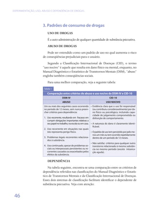 EXPERIMENTAÇÃO, USO, ABUSO E DEPENDÊNCIA DE DROGAS




                     3. Padrões de consumo de drogas
                        USO DE DROGAS
                        É a auto-administração de qualquer quantidade de substância psicoativa.
                        ABUSO DE DROGAS
                         Pode ser entendido como um padrão de uso no qual aumenta o risco
                     de conseqüências prejudiciais para o usuário.
                        Segundo a Classificação Internacional de Doenças (CID), o termo
                     “uso nocivo” é aquele que resulta em dano físico ou mental, enquanto, no
                     Manual Diagnóstico e Estatístico de Transtornos Mentais (DSM), “abuso”
                     engloba também conseqüências sociais.
                        Para uma melhor comparação, veja a seguinte tabela:
                     Tabela 1

                        Comparação entre critérios de abuso e uso nocivo do DSM-IV e CID-10
                                       DSM-IV                                           CID-10
                                        ABUSO                                        USO NOCIVO
                     Um ou mais dos seguintes casos ocorrendo •	 Evidência clara que o uso foi responsável
                     no período de 12 meses, sem nunca preen-            (ou contribuiu consideravelmente) por da-
                     cher critérios para dependência:                    no físico ou psicológico, incluindo capa-
                                                                         cidade de julgamento comprometida ou
                     1.	 Uso recorrente, resultando em fracasso em       disfunção de comportamento.
                         cumprir obrigações importantes relativas a
                         seu papel no trabalho, na escola ou em casa. •	 A natureza do dano é claramente identi-
                                                                         ficável.
                     2.	 Uso recorrente em situações nas quais
                         isto representa perigo físico.               •	 O padrão de uso tem persistido por pelo me-
                                                                         nos um mês ou tem ocorrido repetidamente
                     3.	 Problemas legais recorrentes relaciona-         dentro de um período de 12 meses.
                         dos à substância.
                                                                      •	 Não satisfaz critérios para qualquer outro
                     4.	 Uso continuado, apesar de problemas so-         transtorno relacionado à mesma substân-
                         ciais ou interpessoais persistentes ou re-      cia no mesmo período (exceto intoxica-
                         correntes causados ou exacerbados pelos         ção aguda).
                         efeitos da substância.

                        Dependência
                         Na tabela seguinte, encontra-se uma comparação entre os critérios de
                     dependência referidos nas classificações do Manual Diagnóstico e Estatís-
                     tico de Transtornos Mentais e da Classificação Internacional de Doenças.
                     Esses dois sistemas de classificação facilitam identificar o dependente de
                     substância psicoativa. Veja com atenção:


 46
 