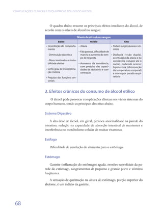 COMPLICAÇÕES CLÍNICAS E PSIQUIÁTRICAS DO USO DO ÁLCOOL




                        O quadro abaixo resume os principais efeitos imediatos do álcool, de
                     acordo com os níveis de álcool no sangue:

                                                   Níveis de álcool no sangue
                                 Baixo                          Médio                            Alto
                      •	 Desinibição do comporta- •	 Ataxia                          •	 Podem surgir náuseas e vô-
                         mento                                                          mitos
                                                     •	 Fala pastosa, dificuldade de
                         - Diminuição da crítica        marcha e aumento do tem- •	 Diplopia (visão dupla),
                                                        po de resposta                  acentuação da ataxia e da
                         - Risos imotivados e insta-                                    sonolência (estupor até o
                         bilidade afetiva            •	 Aumento da sonolência,          coma), podendo ocorrer
                                                        com prejuízo das capaci-        hipotermia (diminuição
                      •	 Certo grau de incoordena-      dades de raciocínio e con-      da temperatura corporal)
                         ção motora                     centração                       e morte por parada respi-
                      •	 Prejuízo das funções sen-                                      ratória
                       soriais



                     3. Efeitos crônicos do consumo de álcool etílico
                         O álcool pode provocar complicações clínicas nos vários sistemas do
                     corpo humano, sendo as principais descritas abaixo.

                     Sistema Digestivo

                         A alta dose de álcool, em geral, provoca anormalidade na parede do
                     intestino, redução na capacidade de absorção intestinal de nutrientes e
                     interferência no metabolismo celular de muitas vitaminas.

                     Esôfago

                         Dificuldade de condução do alimento para o estômago.

                     Estômago

                         Gastrite (inflamação do estômago) aguda, erosões superficiais da pa-
                     rede do estômago, sangramentos de pequeno e grande porte e vômitos
                     freqüentes.
                        A sensação de queimação na altura do estômago, porção superior do
                     abdome, é um indício da gastrite.




 68
 