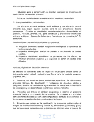 Profr. Juan Ignacio Rivera Vargas
6
Educación para la conservación, se intentan balancear los problemas del
medio con las necesidades humanas.
Educación conservacionista sustentada en un pronóstico catastrofista.
3.- Componente lúdico y el naturalista.
Una educación sobre el ambiente, en el ambiente y una educación para el
ambiente que, según algunos autores, sería la que propiamente debiera
perseguirse. Consiste en actividades recreativo-educativas desarrolladas en
(parques, reservas, jardines, etc.) para sensibilizar y proporcionar información
sobre el ambiente. Algunos lo define como “un enfoque de comunicación” Ej.
Ecoturismo.
Construcción de una educación ambiental por proyectos.
1) Proyectos científicos: realizan indagaciones descriptivas o explicativas de
fenómenos naturales.
2) Proyectos tecnológicos: evalúan un proceso o un producto de utilidad
práctica.
3) Proyectos ciudadanos: consideran los problemas que los afectan, se
informan, proponen soluciones y si es posible los ponen en práctica o los
difunden.
Tipos de proyectos en educación ambiental.
El ambiente es concebido como un objeto de estudio,pero también como un
instrumento social, cultural y educativo que forma parte de cualquier proyecto.
(Figueroa 2001)
1.- Proyectos con énfasis en temas ambientales específicos. Se ubican como
proyectos técnicos. Ej. Clasificación y reutilización de desechos sólidos y
peligrosos, técnicas de captación de agua o análisis de suelos o de conservación
de una especie y son desarrollados en el área de ciencias naturales.
2.- Proyectos con énfasis en conocer, diagnosticar o resolver un problema
ambiental desde el conocimiento de los expertos. Se considera a lo educativo
como elementos técnicos que van a cambiar pautas de conducta o concientizará a
las personas para evitar disminuir por situación o fenómeno.
3.- Proyectos con énfasis en la modificación de programas institucionales al
margen de entorno socieconómico y cultural. Ej. Documentos (Manuales y guías)
que se hacen para campesinos con la intención de informar sobre el manejo de
 