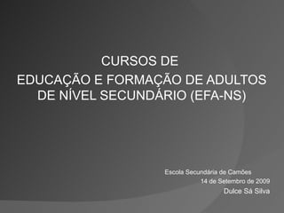 CURSOS DE  EDUCAÇÃO E FORMAÇÃO DE ADULTOS DE NÍVEL SECUNDÁRIO (EFA-NS) Escola Secundária de Camões 14 de Setembro de 2009 Dulce Sá Silva 