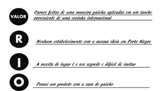 Carnes feitas de uma maneira gaúcha aplicadas em um lanche
proveniente de uma cozinha internacionalVALOR
R
I
O
Nenhum estabelecimento com a mesma ideia em Porto Alegre
A receita do lugar é o seu segredo e difícil de imitar
Possui um produto com a cara do gaúcho
 