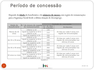 Período de concessão
 
Depende da idade do beneficiário e do número de meses com registo de remunerações
para a Segurança Social desde a última situação de desemprego.

7

24-02-14

 