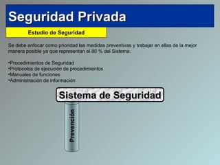 Estudio de Seguridad Se debe enfocar como prioridad las medidas preventivas y trabajar en ellas de la mejor manera posible ya que representan el 80 % del Sistema. Procedimientos de Seguridad Protocolos de ejecución de procedimientos Manuales de funciones Administración de información Prevención Sistema de Seguridad 
