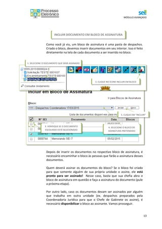 MÓDULO AVANÇADO
13
Como você já viu, um bloco de assinatura é uma pasta de despachos.
Criado o bloco, devemos inserir documentos em seu interior. Isso é feito
diretamente na tela de cada documento a ser inserido no bloco.
Depois de inserir os documentos no respectivo bloco de assinatura, é
necessário encaminhar o bloco às pessoas que farão a assinatura desses
documentos.
Quem deverá assinar os documentos do bloco? Se o bloco foi criado
para que somente alguém de sua própria unidade o assine, ele está
pronto para ser assinado! Nesse caso, basta que sua chefia abra o
bloco de assinatura em questão e faça a assinatura do documento (pule
a próxima etapa).
Por outro lado, caso os documentos devam ser assinados por alguém
que trabalha em outra unidade (ex. despachos preparados pela
Coordenadoria Jurídica para que o Chefe de Gabinete os assine), é
necessário disponibilizar o bloco ao assinante. Vamos prosseguir.
4. SELECIONE O BLOCO DE
ASSINATURA PRETENDIDO
5. CLIQUE EM “INCLUIR”
3. VERIFIQUE SE O DOCUMENTO
ESCOLHIDO ESTÁ SELECIONADO
INCLUIR DOCUMENTO EM BLOCO DE ASSINATURA
1. SELECIONE O DOCUMENTO QUE SERÁ ASSINADO
2. CLIQUE NO ÍCONE INCLUIR EM BLOCO
 