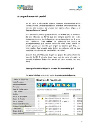MÓDULO AVANÇADO
16
Acompanhamento Especial
No SEI, todas as informações sobre os processos de sua unidade estão
sob seu alcance. Um dos recursos que permitem o monitoramento e o
controle dos processos da unidade com apenas alguns cliques é o
Acompanhamento Especial.
Essa ferramenta permite que sua unidade crie atalhos para os processos
de seu interesse, de forma que eles sempre estarão por perto,
independentemente de ainda estarem em andamento ou de já terem
sido concluídos. Esses atalhos são guardados em grupos de
acompanhamento, que também funcionam como pastas: podem ser
criados grupos por assunto, por origem ou destino, por data, por
interessado... Sua unidade pode definir os melhores critérios para
monitorar os processos, de maneira fácil e acessível.
Existem dois caminhos para chegar aos grupos de acompanhamento
especial do SEI. O primeiro deles é por meio do menu principal, e o
segundo é pela tela do processo. Vamos ver como funciona cada uma
delas.
Acompanhamento Especial através do Menu Principal
No Menu Principal, selecione a opção Acompanhamento Especial.
NO MENU PRINCIPAL, SELECIONE
ACOMPANHAMENTO ESPECIAL
 