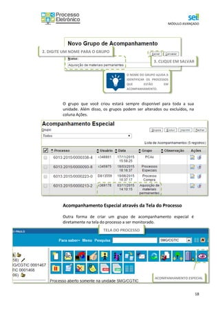 MÓDULO AVANÇADO
18
O grupo que você criou estará sempre disponível para toda a sua
unidade. Além disso, os grupos podem ser alterados ou excluídos, na
coluna Ações.
Acompanhamento Especial através da Tela do Processo
Outra forma de criar um grupo de acompanhamento especial é
diretamente na tela do processo a ser monitorado.
3. CLIQUE EM SALVAR
2. DIGITE UM NOME PARA O GRUPO
O NOME DO GRUPO AJUDA A
IDENTIFICAR OS PROCESSOS
QUE ESTÃO EM
ACOMPANHAMENTO.
ACOMPANHAMENTO ESPECIAL
TELA DO PROCESSO
 
