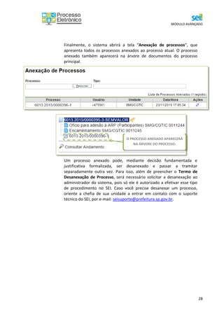 MÓDULO AVANÇADO
28
Finalmente, o sistema abrirá a tela “Anexação de processos”, que
apresenta todos os processos anexados ao processo atual. O processo
anexado também aparecerá na árvore de documentos do processo
principal.
Um processo anexado pode, mediante decisão fundamentada e
justificativa formalizada, ser desanexado e passar a tramitar
separadamente outra vez. Para isso, além de preencher o Termo de
Desanexação de Processo, será necessário solicitar a desanexação ao
administrador do sistema, pois só ele é autorizado a efetivar esse tipo
de procedimento no SEI. Caso você precise desanexar um processo,
oriente a chefia de sua unidade a entrar em contato com o suporte
técnico do SEI, por e-mail: seisuporte@prefeitura.sp.gov.br.
O PROCESSO ANEXADO APARECERÁ
NA ÁRVORE DO PROCESSO.
 