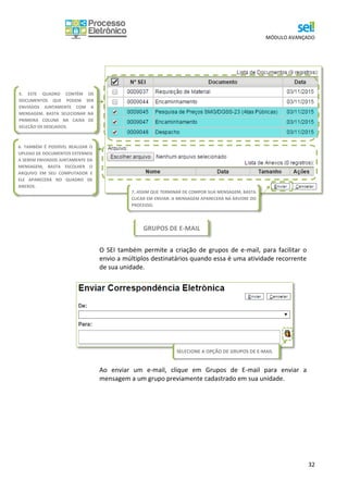 MÓDULO AVANÇADO
32
O SEI também permite a criação de grupos de e-mail, para facilitar o
envio a múltiplos destinatários quando essa é uma atividade recorrente
de sua unidade.
Ao enviar um e-mail, clique em Grupos de E-mail para enviar a
mensagem a um grupo previamente cadastrado em sua unidade.
6. TAMBÉM É POSSÍVEL REALIZAR O
UPLOAD DE DOCUMENTOS EXTERNOS
A SEREM ENVIADOS JUNTAMENTE DA
MENSAGEM, BASTA ESCOLHER O
ARQUIVO EM SEU COMPUTADOR E
ELE APARECERÁ NO QUADRO DE
ANEXOS.
7. ASSIM QUE TERMINAR DE COMPOR SUA MENSAGEM, BASTA
CLICAR EM ENVIAR. A MENSAGEM APARECERÁ NA ÁRVORE DO
PROCESSO.
GRUPOS DE E-MAIL
SELECIONE A OPÇÃO DE GRUPOS DE E-MAIL
5. ESTE QUADRO CONTÉM OS
DOCUMENTOS QUE PODEM SER
ENVIADOS JUNTAMENTE COM A
MENSAGEM. BASTA SELECIONAR NA
PRIMEIRA COLUNA NA CAIXA DE
SELEÇÃO OS DESEJADOS.
 
