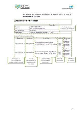 MÓDULO AVANÇADO
37
Ao acessar um processo selecionado, o sistema abrirá a tela do
Andamento do Processo.
INFORMAÇÕES SOBRE A
AUTUAÇÃO DO PROCESSO
DATA/HORA DA
ATUALIZAÇÃO DO
ANDAMENTO DO PROCESSO
UNIDADE
PARTICIPANTE DO
ANDAMENTO DO
PROCESSO
DESCRIÇÃO DA
ATUALIZAÇÃO DE
ANDAMENTO
TELEFONE
DA UNIDADE
ENDEREÇO
DA UNIDADE
 