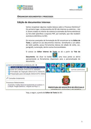 MÓDULO AVANÇADO
5
ORGANIZAR DOCUMENTOS E PROCESSOS
Edição de documentos internos
Vamos recapitular algumas noções básicas sobre o Processo Eletrônico?
Em primeiro lugar, os documentos do SEI são internos ou externos – isto
é, foram criados no interior do sistema (e assinados de forma eletrônica)
ou fora dele (planilhas e arquivos PDF, por exemplo, que não recebem
assinatura eletrônica no SEI).
Os recursos avançados de formatação do SEI encontram-se no Editor de
Texto, e aplicam-se aos documentos internos. Semelhante a um editor
de texto padrão, possui ferramentas básicas de edição de estilo, cor,
parágrafo, numeração, dentre outras funcionalidades.
O acesso ao Editor Interno de Texto se dá a partir da Tela do
Documento. Ao clicar no botão , uma nova janela se abrirá
apresentando as ferramentas disponíveis para a personalização do
documento.
Veja, a seguir, a janela do Editor de Texto do SEI.
EDITAR CONTEÚDO
 