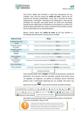 MÓDULO AVANÇADO
7
Uma forma rápida para formatar o texto dos documentos de sua
unidade é por meio do recurso de estilos de texto. Trata-se de um
conjunto de formatos predefinidos, como tipo e tamanho de fonte,
espaçamento, numeração e destaques mais adequados a cada tipo de
conteúdo. Por exemplo, você pode utilizar um estilo com numeração
quando estiver elaborando um despacho ou uma portaria, ou utilizar um
estilo de texto justificado com recuo na primeira linha quando se tratar
de uma informação ou um encaminhamento.
Abaixo, confira alguns dos estilos de texto do SEI que facilitam a
formatação dos documentos internos da sua unidade.
Estilo de Texto Efeito
Paragrafo_Numerado
_Nivel1
Paragrafo_Numera
do_Nivel2
Paragrafo_Numera
do_Nivel3
Tachado
Texto_Alinhado_
Direita
Texto_Alinhado_
Esquerda
Texto_Centralizado
Texto_Justificado
Você também pode inserir imagens no corpo do documento, quando for
pertinente. Esse recurso é útil, por exemplo, quando você precisa inserir
um logotipo, um diagrama, um gráfico ou quaisquer outros elementos
gráficos úteis à informação elaborada por sua unidade. Para fazer isso,
basta clicar no ícone na barra de ferramentas do editor de textos.
Será aberta uma janela para fazer o upload do documento, ao selecioná-
la em seu computador, clique em OK.
CLIQUE NO ÍCONE DE IMAGEM
INSERIR IMAGENS
A IMAGEM SERÁ INSERIDA NO MESMO LOCAL EM QUE ESTIVER
POSICIONADO O CURSOR. ALÉM DISSO, IMAGENS MUITO LARGAS
PODEM FICAR MAL POSICIONADAS NO DOCUMENTO. POR ISSO,
EVITE INSERIR IMAGENS COM LARGURA MUITO GRANDE.
 