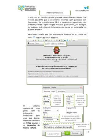 MÓDULO AVANÇADO
9
Formulário de solicitação de migração
O editor do SEI também permite que você insira e formate tabelas. Esse
recurso possibilita que os documentos internos sejam parecidos com
formulários, de preenchimento fácil e visualmente organizado, mas
também permite a apresentação de dados quantitativos, por exemplo,
ou qualquer outro tipo de informação que possa ser sintetizada em
quadros e tabelas.
Para inserir tabelas em seus documentos internos no SEI, clique no
ícone na barra do editor de textos.
O sistema
apresentará uma
janela com as
informações
necessárias para
criar sua tabela.
Preencha o número
de linhas, colunas e
as dimensões de
largura e altura.
INSERINDO TABELAS
CLIQUE NO ÍCONE DE TABELA
NE
5. CLIQUE EM “OK”
1. INSIRA A
QUANTIDADE
DE LINHAS E
COLUNAS DA
TABELA
2. INSIRA A
LARGURA E
ALTURA DE SUA
TABELA EM
PIXELS
3. SELECIONEI QUAL SERÁ O
ALINHAMENTO DE SUA TABELA
NO DOCUMENTO
4. INSIRA A LEGENDA DE
SUA TABELA
10
 