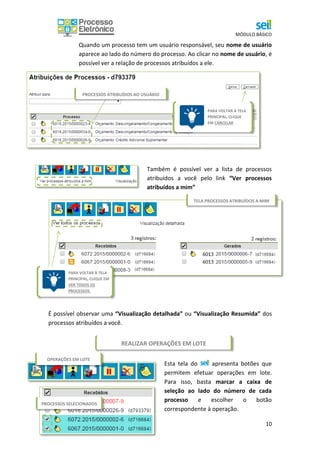 MÓDULO BÁSICO
10
REALIZAR OPERAÇÕES EM LOTE
Quando um processo tem um usuário responsável, seu nome de usuário
aparece ao lado do número do processo. Ao clicar no nome de usuário, é
possível ver a relação de processos atribuídos a ele.
Também é possível ver a lista de processos
atribuídos a você pelo link “Ver processos
atribuídos a mim”
É possível observar uma “Visualização detalhada” ou “Visualização Resumida” dos
processos atribuídos a você.
Esta tela do apresenta botões que
permitem efetuar operações em lote.
Para isso, basta marcar a caixa de
seleção ao lado do número de cada
processo e escolher o botão
correspondente à operação.
PARA VOLTAR À TELA
PRINCIPAL, CLIQUE
EM CANCELAR
TELA PROCESSOS ATRIBUÍDOS A MIM
PROCESSOS ATRIBUÍDOS AO USUÁRIO
PARA VOLTAR À TELA
PRINCIPAL, CLIQUE EM
VER TODOS OS
PROCESSOS.
OPERAÇÕES EM LOTE
PROCESSOS SELECIONADOS
 