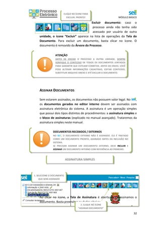 MÓDULO BÁSICO
32
Excluir documento: caso o
processo ainda não tenha sido
acessado por usuário de outra
unidade, o ícone “Excluir” aparece na lista de operações da Tela do
Documento. Para excluir um documento, basta clicar no ícone. O
documento é removido da Árvore do Processo.
ASSINAR DOCUMENTOS
Sem estarem assinados, os documentos não possuem valor legal. No ,
os documentos gerados no editor interno devem ser assinados com
assinatura eletrônica do sistema. A assinatura é um operação simples
que possui dois tipos distintos de procedimentos: a assinatura simples e
o bloco de assinaturas (explicado no manual avançado). Trataremos da
assinatura simples neste manual.
Ao clicar no ícone, a Tela de Assinatura é aberta, onde assinamos o
documento. Basta preencher os dados abaixo:
ASSINATURA SIMPLES
ATENÇÃO
ANTES DE ENVIAR O PROCESSO A OUTRA UNIDADE, SEMPRE
VERIFIQUE O CONTEÚDO DE TODOS OS DOCUMENTOS JUNTADOS
PARA GARANTIR QUE ESTEJAM CORRETOS. ANTES DO ENVIO, VOCÊ
PODE ALTERAR INFORMAÇÕES CADASTRAIS, EDITAR CONTEÚDO,
SUBSTITUIR ARQUIVO ANEXO E ATÉ EXCLUIR O DOCUMENTO.
DOCUMENTOS RECEBIDOS / EXTERNOS
NO SEI!, O DOCUMENTO EXTERNO NÃO É ASSINADO. ELE É TRATADO
COMO UM DOCUMENTO PRONTO, ASSINADO ANTES DA INCLUSÃO NO
SISTEMA.
SE PRECISAR ASSINAR UM DOCUMENTO EXTERNO, DEVE INCLUIR E
ASSINAR UM DOCUMENTO INTERNO COM REFERÊNCIA AO PRIMEIRO.
2. CLIQUE NO ÍCONE
“ASSINAR DOCUMENTO”
CLIQUE NO ÍCONE PARA
EXCLUIR. PRONTO!
1. SELECIONE O DOCUMENTO
QUE SERÁ ASSINADO
 