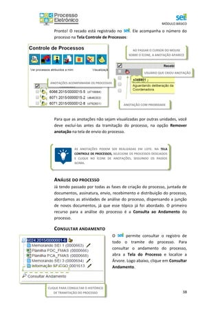 MÓDULO BÁSICO
38
AS ANOTAÇÕES PODEM SER REALIZADAS EM LOTE. NA TELA
CONTROLE DE PROCESSOS, SELECIONE OS PROCESSOS DESEJADOS
E CLIQUE NO ÍCONE DE ANOTAÇÕES, SEGUINDO OS PASSOS
ACIMA.
Pronto! O recado está registrado no . Ele acompanha o número do
processo na Tela Controle de Processos:
Para que as anotações não sejam visualizadas por outras unidades, você
deve excluí-las antes da tramitação do processo, na opção Remover
anotação na tela de envio do processo.
ANÁLISE DO PROCESSO
Já tendo passado por todas as fases de criação do processo, juntada de
documentos, assinatura, envio, recebimento e distribuição do processo,
abordamos as atividades de análise do processo, dispensando a junção
de novos documentos, já que esse tópico já foi abordado. O primeiro
recurso para a análise do processo é a Consulta ao Andamento do
processo.
CONSULTAR ANDAMENTO
O permite consultar o registro de
todo o tramite do processo. Para
consultar o andamento do processo,
abra a Tela do Processo e localize a
Árvore. Logo abaixo, clique em Consultar
Andamento.
ANOTAÇÕES ACOMPANHAM OS PROCESSOS
AO PASSAR O CURSOR DO MOUSE
SOBRE O ÍCONE, A ANOTAÇÃO APARECE
USUÁRIO QUE CRIOU ANOTAÇÃO
ANOTAÇÃO COM PRIORIDADE
CLIQUE PARA CONSULTAR O HISTÓRICO
DE TRAMITAÇÃO DO PROCESSO
 