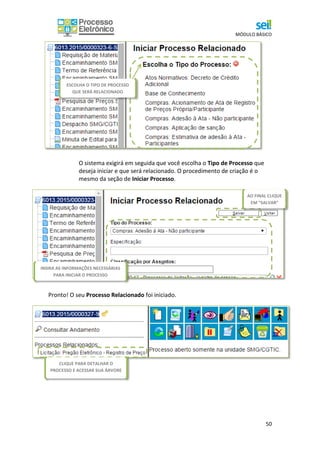 MÓDULO BÁSICO
50
O sistema exigirá em seguida que você escolha o Tipo de Processo que
deseja iniciar e que será relacionado. O procedimento de criação é o
mesmo da seção de Iniciar Processo.
Pronto! O seu Processo Relacionado foi iniciado.
ESCOLHA O TIPO DE PROCESSO
QUE SERÁ RELACIONADO
INSIRA AS INFORMAÇÕES NECESSÁRIAS
PARA INICIAR O PROCESSO
AO FINAL CLIQUE
EM “SALVAR”
CLIQUE PARA DETALHAR O
PROCESSO E ACESSAR SUA ÁRVORE
 