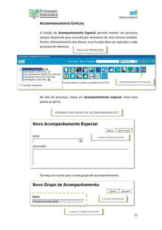 MÓDULO BÁSICO
51
CRIANDO UM GRUPO DE ACOMPANHAMENTO
TELA DO PROCESSO
ACOMPANHAMENTO ESPECIAL
A função de Acompanhamento Especial permite manter um processo
sempre disponível para consulta por servidores de uma mesma unidade.
Porém, diferentemente dos blocos, essa função deve ser aplicada a cada
processo de interesse.
Na tela do processo, clique em Acompanhamento especial. Uma nova
janela se abrirá.
Forneça um nome para o novo grupo de acompanhamento.
CLIQUE EM NOVO GRUPO
1. DIGITE O NOME DO GRUPO
2. CLIQUE EM SALVAR
ACOMPANHAMENTO ESPECIAL
 