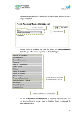 MÓDULO BÁSICO
52
ACOMPANHANDO PROCESSOS
Retornando à tela anterior, selecione o grupo que você acabou de criar e
clique em Salvar.
Pronto. Agora o processo foi salvo no grupo de Acompanhamento
Especial, que está sempre disponível no Menu Principal.
Na tela de Acompanhamento Especial, os processos incluídos nesse tipo
de acompanhamento sempre estarão listados. Clique no número do
processo para vê-lo.
1. SELECIONE O GRUPO
2. CLIQUE EM SALVAR
NO MENU PRINCIPAL, SELECIONE
ACOMPANHAMENTO ESPECIAL
 