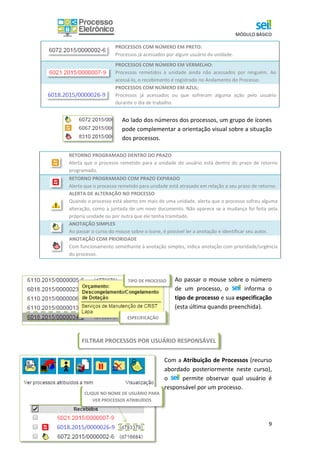 MÓDULO BÁSICO
9
PROCESSOS COM NÚMERO EM PRETO:
Processos já acessados por algum usuário da unidade.
PROCESSOS COM NÚMERO EM VERMELHO:
Processos remetidos à unidade ainda não acessados por ninguém. Ao
acessá-lo, o recebimento é registrado no Andamento do Processo.
PROCESSOS COM NÚMERO EM AZUL:
Processos já acessados ou que sofreram alguma ação pelo usuário
durante o dia de trabalho.
Ao lado dos números dos processos, um grupo de ícones
pode complementar a orientação visual sobre a situação
dos processos.
RETORNO PROGRAMADO DENTRO DO PRAZO
Alerta que o processo remetido para a unidade do usuário está dentro do prazo de retorno
programado.
RETORNO PROGRAMADO COM PRAZO EXPIRADO
Alerta que o processo remetido para unidade está atrasado em relação a seu prazo de retorno.
ALERTA DE ALTERAÇÃO NO PROCESSO
Quando o processo está aberto em mais de uma unidade, alerta que o processo sofreu alguma
alteração, como a juntada de um novo documento. Não aparece se a mudança foi feita pela
própria unidade ou por outra que ele tenha tramitado.
ANOTAÇÃO SIMPLES
Ao passar o curso do mouse sobre o ícone, é possível ler a anotação e identificar seu autor.
ANOTAÇÃO COM PRIORIDADE
Com funcionamento semelhante à anotação simples, indica anotação com prioridade/urgência
do processo.
Ao passar o mouse sobre o número
de um processo, o informa o
tipo de processo e sua especificação
(esta última quando preenchida).
Com a Atribuição de Processos (recurso
abordado posteriormente neste curso),
o permite observar qual usuário é
responsável por um processo.
TIPO DE PROCESSO
ESPECIFICAÇÃO
FILTRAR PROCESSOS POR USUÁRIO RESPONSÁVEL
CLIQUE NO NOME DE USUÁRIO PARA
VER PROCESSOS ATRIBUÍDOS
 