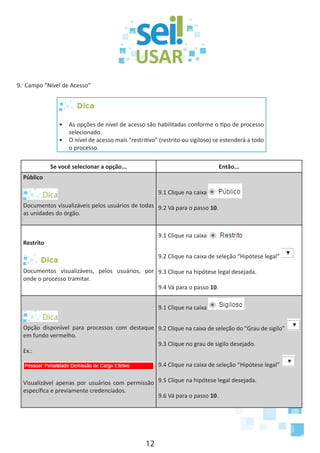 12
9. Campo “Nível de Acesso”
Dica
•	 As opções de nível de acesso são habilitadas conforme o tipo de processo
selecionado.
•	 O nível de acesso mais “restritivo” (restrito ou sigiloso) se estenderá a todo
o processo.
Se você selecionar a opção... Então...
Público
Documentos visualizáveis pelos usuários de todas
as unidades do órgão.
9.1 Clique na caixa
9.2 Vá para o passo 10.
Restrito
Dica
Documentos visualizáveis, pelos usuários, por
onde o processo tramitar.
9.1 Clique na caixa
9.2 Clique na caixa de seleção “Hipótese legal”
9.3 Clique na hipótese legal desejada.
9.4 Vá para o passo 10.
Opção disponível para processos com destaque
em fundo vermelho.
Ex.:
Visualizável apenas por usuários com permissão
específica e previamente credenciados.
9.1 Clique na caixa
9.2 Clique na caixa de seleção do “Grau de sigilo”
9.3 Clique no grau de sigilo desejado.
9.4 Clique na caixa de seleção “Hipótese legal”
9.5 Clique na hipótese legal desejada.
9.6 Vá para o passo 10.
 