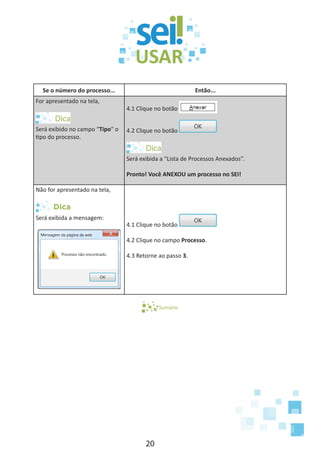 20
Se o número do processo... Então...
For apresentado na tela,
Será exibido no campo “Tipo” o
tipo do processo.
4.1 Clique no botão
4.2 Clique no botão
Será exibida a “Lista de Processos Anexados”.
Pronto! Você ANEXOU um processo no SEI!
Não for apresentado na tela,
Dica
Será exibida a mensagem:
4.1 Clique no botão
4.2 Clique no campo Processo.
4.3 Retorne ao passo 3.
Sumário
 