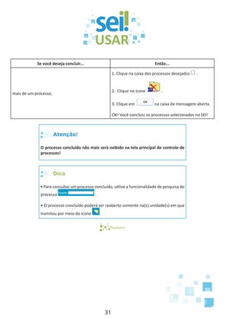 31
Se você deseja concluir... Então...
mais de um processo,
1. Clique na caixa dos processos desejados .
2. Clique no ícone .
3. Clique em na caixa de mensagem aberta.
OK! Você concluiu os processos selecionados no SEI!
Atenção!
O processo concluído não mais será exibido na tela principal de controle de
processos!
Dica
• Para consultar um processo concluído, utilize a funcionalidade de pesquisa do
processo .
• O processo concluído poderá ser reaberto somente na(s) unidade(s) em que
tramitou por meio do ícone .
Sumário
 