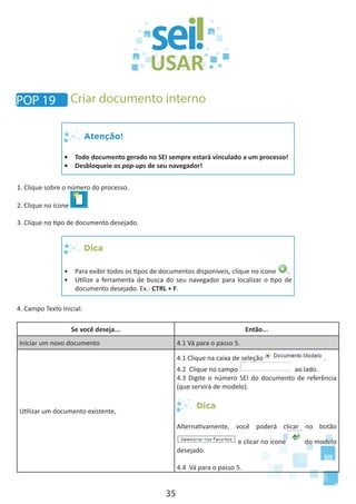 35
Atenção!
•	 Todo documento gerado no SEI sempre estará vinculado a um processo!
•	 Desbloqueie os pop-ups de seu navegador!
1. Clique sobre o número do processo.
2. Clique no ícone .
3. Clique no tipo de documento desejado.
Dica
•	 Para exibir todos os tipos de documentos disponíveis, clique no ícone .
•	 Utilize a ferramenta de busca do seu navegador para localizar o tipo de
documento desejado. Ex.: CTRL + F.
4. Campo Texto Inicial:
Se você deseja... Então...
Iniciar um novo documento 4.1 Vá para o passo 5.
Utilizar um documento existente,
4.1 Clique na caixa de seleção .
4.2 Clique no campo ao lado.
4.3 Digite o número SEI do documento de referência
(que servirá de modelo).
Dica
Alternativamente, você poderá clicar no botão
e clicar no ícone do modelo
desejado.
4.4 Vá para o passo 5.
Criar documento internoPOP 19
 