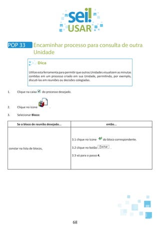 68
Dica
Utilize esta ferramenta para permitir que outras Unidades visualizem as minutas
contidas em um processo criado em sua Unidade, permitindo, por exemplo,
discuti-las em reuniões ou decisões colegiadas.
1.	 Clique na caixa do processo desejado.
2.	 Clique no ícone .
3.	Selecionar Bloco:
Se o bloco de reunião desejado... então...
constar na lista de blocos,
3.1 clique no ícone do bloco correspondente.
3.2 clique no botão .
3.3 vá para o passo 4.
POP 33 Encaminhar processo para consulta de outra
Unidade
 