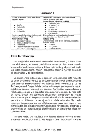 Ángel Alvarado


                                Cuadro N° 1




Para la reflexión

    Las exigencias de nuevos escenarios educativos y nuevos roles
para el docente y el alumno, asistidos a su vez por las demandas de
la sociedad de la información y del conocimiento, y el predominio de
las redes tecnológicas, hacen necesario asistir a nuevos entornos
de enseñanza y de aprendizaje.

   La experiencia indica que, al parecer, lo tecnológico está resuelto
de una u otra forma, ya que se dispone de alternativas e innovaciones
permanentes en relación con los avances de la telemática y de las
Tic´s en general. Disponibilidad y alternativas que, por supuesto, están
sujetas a costos, equidad de acceso, formación, capacidades y
habilidades de uso y a aspectos propiamente técnicos. El reto está
en cómo, desde los contextos educativos, apropiarse de estas
innovaciones para incorporarlas a lo instruccional de manera efectiva
y en cómo contribuyen con la mejora de la calidad educativa. Se puede
decir que las plataformas tecnológicas están listas, sólo esperan ser
alimentadas de situaciones instruccionales novedosas, creativas y
promotoras de aprendizajes significativos en ambientes ricos en
oportunidades.

   Por esta razón, una inquietud y un desafío actual son cómo diseñar
sistemas instruccionales y estrategias que respondan a estas



22   Docencia Universitaria, Volumen IV, Nº 1, Año 2003
 